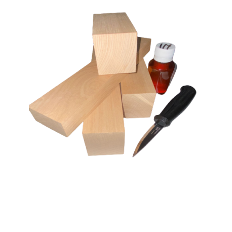 Set 4 blocuri din lemn de cires pentru cioplit cu 50 ml ulei in + cutit Morakniv sculptura basic