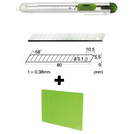 Set Cutter / cutit utilitar transparent mic NT Cutter - 9mm + 10 lame de schimb + placa de taiere A4